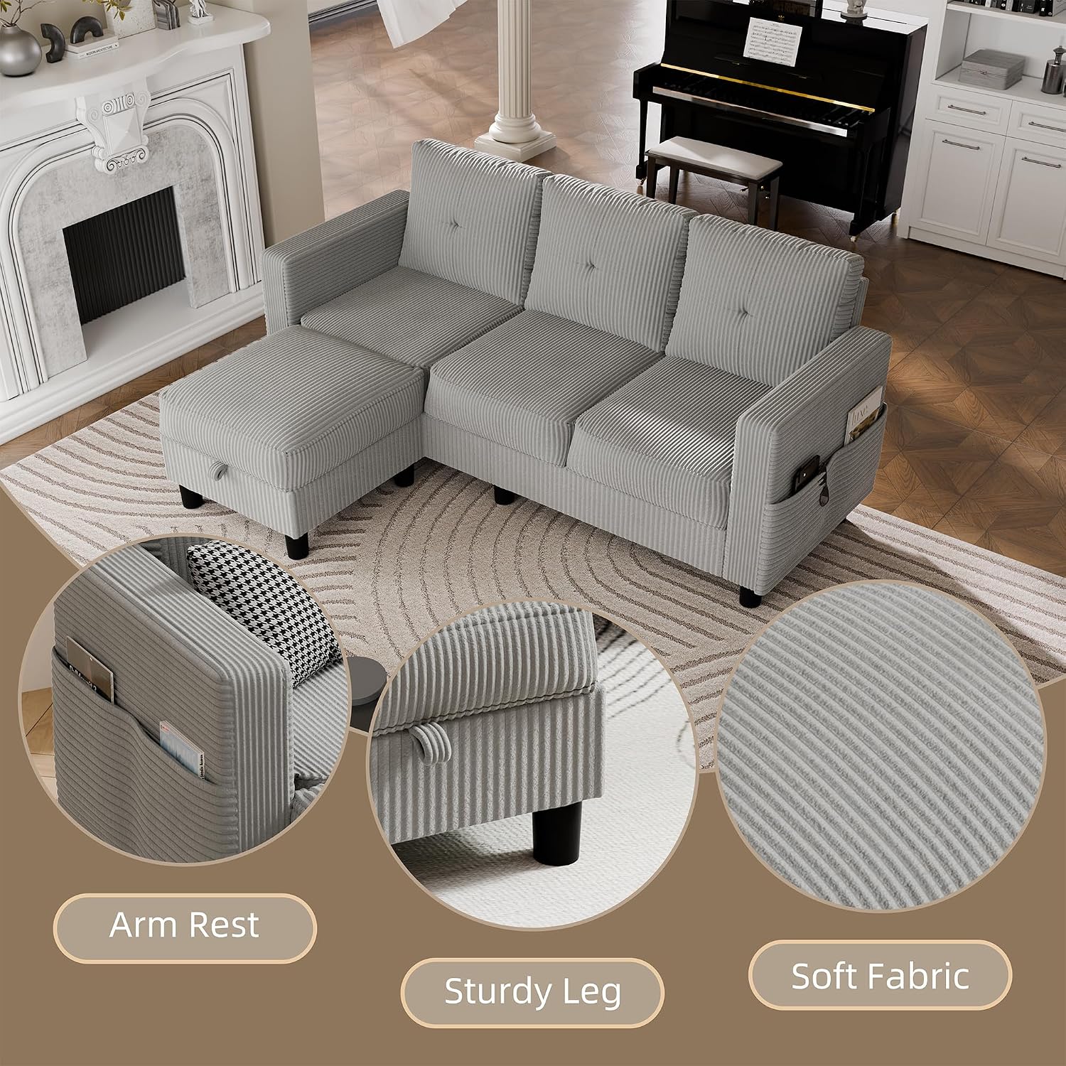 Convertible Sectional Sofa with Storage Ottoman, 77' L-Shaped 3-Seat Couch with Skin-Friendly Corduroy Fabric, Reversible Small Sectional for Small Space, Apartment, Living Room and Office (Grey)