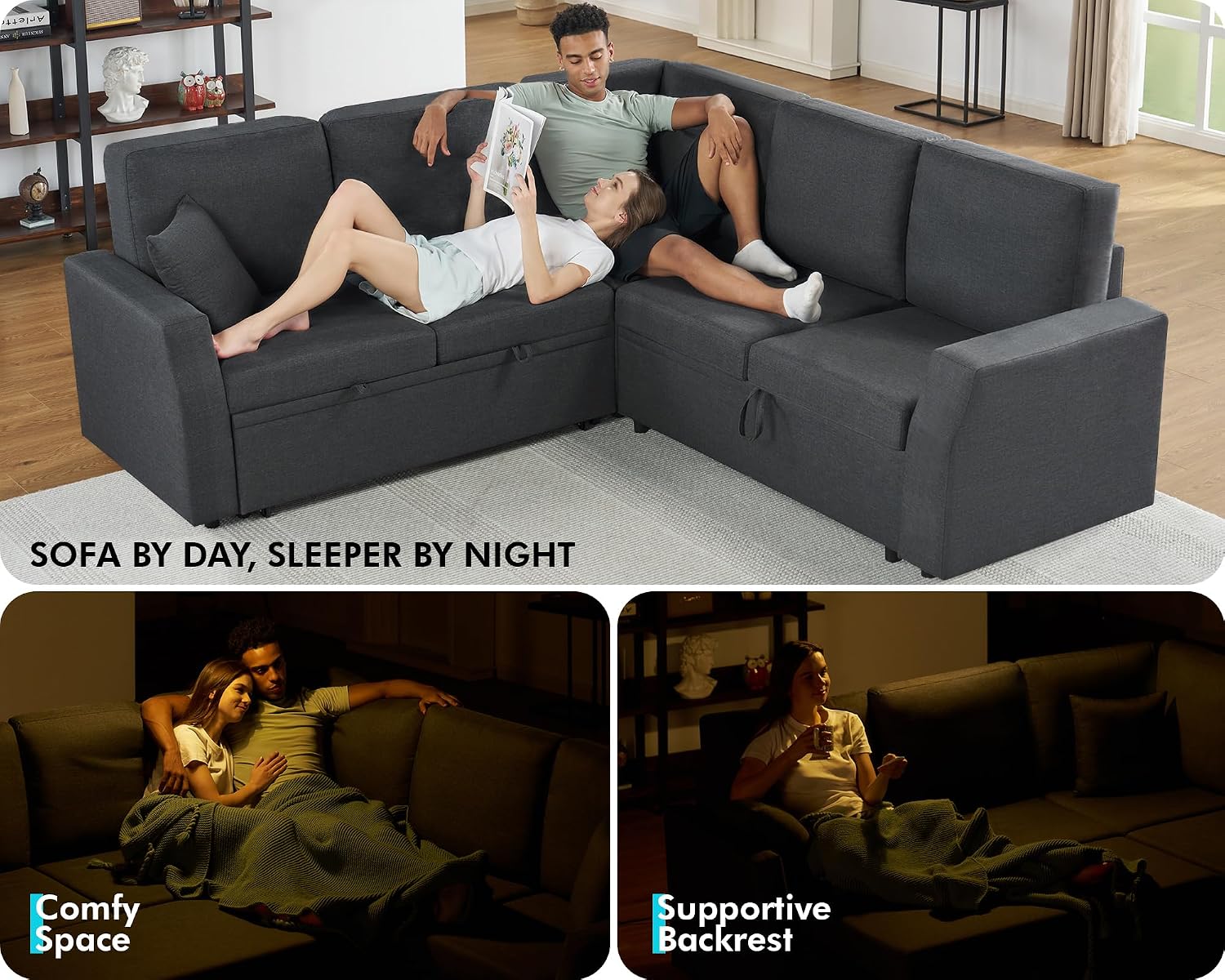 AMERLIFE Sofa Bed, 85 Inch Reversible L Shape Couch with Pull Out Bed & Storage Seat, Oversized Sectional Sleeper Bed for Living Room Apartment, Grey Linen Sleeper Sofa Couch