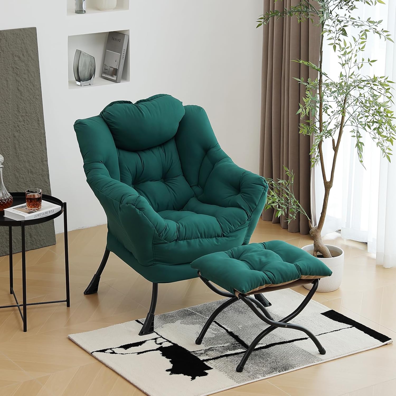 Furlide Lazy Chair with Ottoman, Modern Accent Chair with Armrests and a Side Pocket, Dark Green Accent Chairs, Reading Chairs, Oversized Armchairs for Bedroom, Study, Living Room, Courtyard
