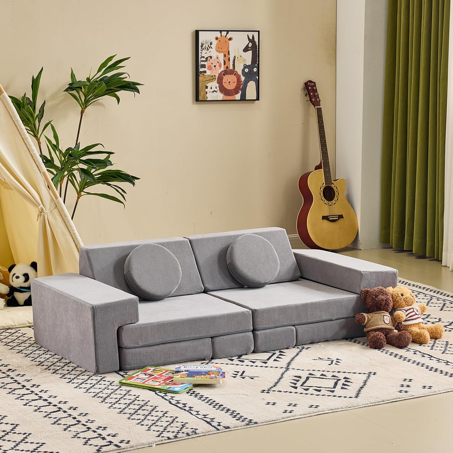 Karl home Kids Couch 14PCS, Modular Kids Play Couch, Multifunctional Foam Toddler Sofa,Climbing & Relaxation, Sectional Convertible Sofa Imaginative Furniture Play Set for Playroom, Grey