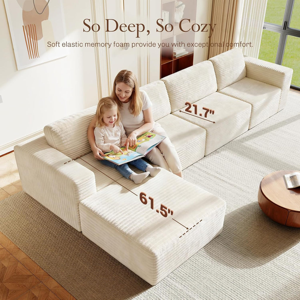 Vesgantti 159' Large Modular Sectional Sofa, L-Shaped Corduroy Cloud Couch with Deep Seats & Spring Support, 4-Seater Boneless Sofa with Movable Ottoman, No Assembly Needed, Beige