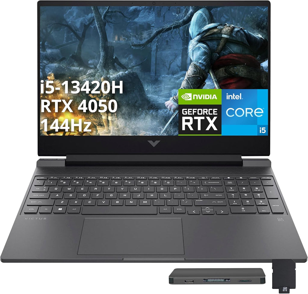 HP Victus 15.6' 144Hz FHD Gaming Laptop, Intel i5-13420H, 16GB RAM, 512GB PCIe SSD, GeForce RTX 4050, Backlit Keyboard, WiFi 6, Win 11 Pro, Mica Silver, 1TB Docking Station Set