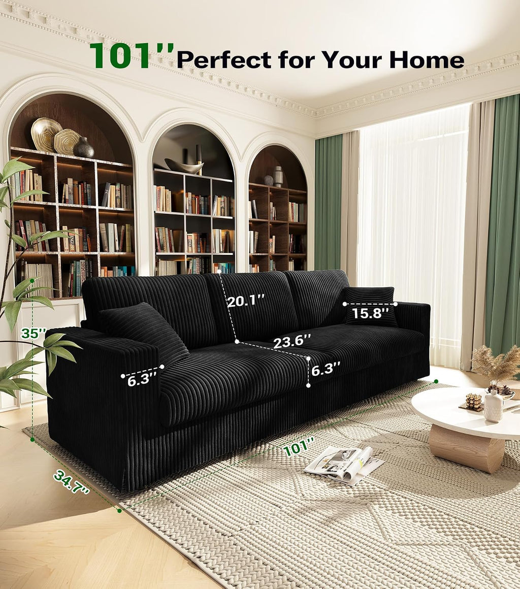 Welzona Corduroy Sofa Couch, 101' Comfy Couches for Living Room, Black | 24' Extra Deep Seat, Tool-Free Sofas, All-Wood Loveseat, 2 Pillows Included, 850lbs Load-bearing