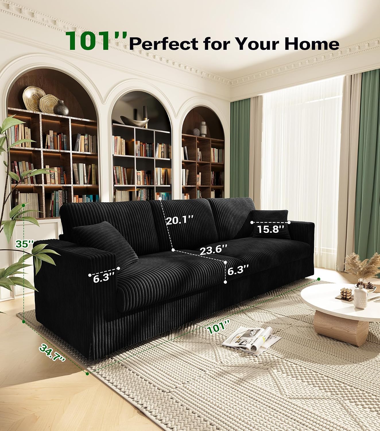 Welzona Corduroy Sofa Couch, 101' Comfy Couches for Living Room, Black | 24' Extra Deep Seat, Tool-Free Sofas, All-Wood Loveseat, 2 Pillows Included, 850lbs Load-bearing