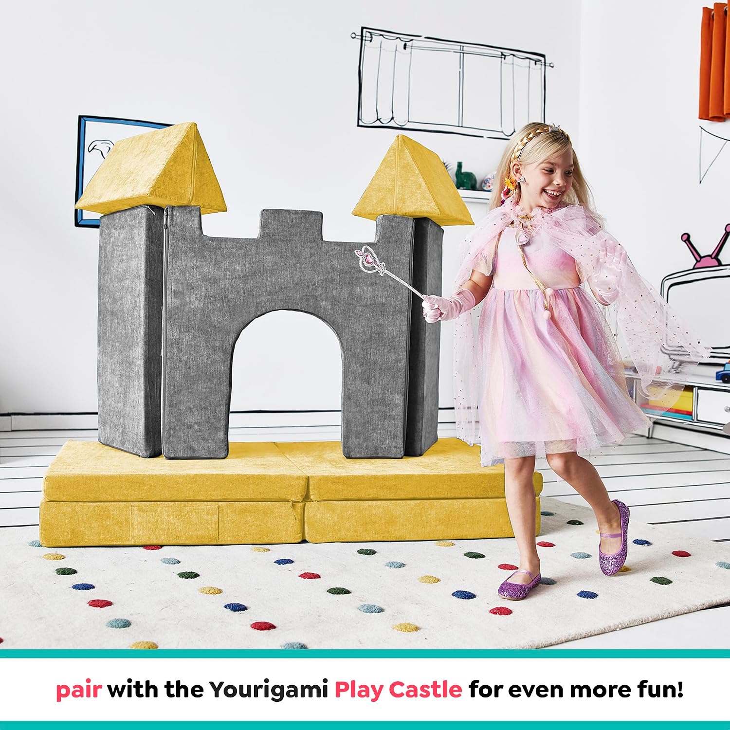 Yourigami Kids and Toddler Play Couch, Convertible Folding Sofa, Durable Foam Modular Design, Sunflower Yellow XL