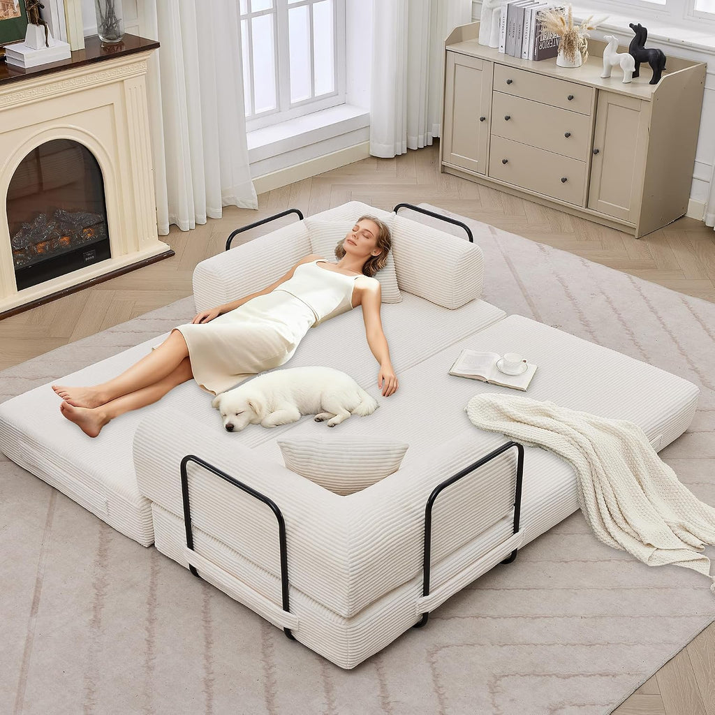 GarveeHome 79' Convertible Sleeper Sofa Bed Couch, 4-in-1 Boneless Corduroy Folding Sofa Bed with Pillow & Fixed-Shape, Floor Mattress Couch Loveseat for Living Room Apartments - No Assembly, Beige