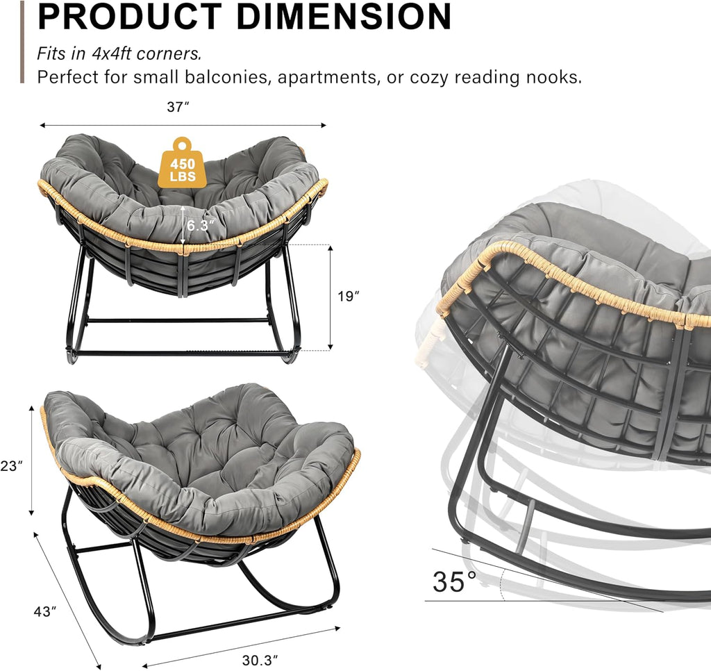 Egg-Shaped Outdoor Rocking Chair, Patio Rocking Chair with Thick Cushion, Modern Indoor Papasan Rocking Chair, Lounge Rocker for Balcony, Living Room, Bedroom, Porch, Lawn, Garden (Dark Grey)