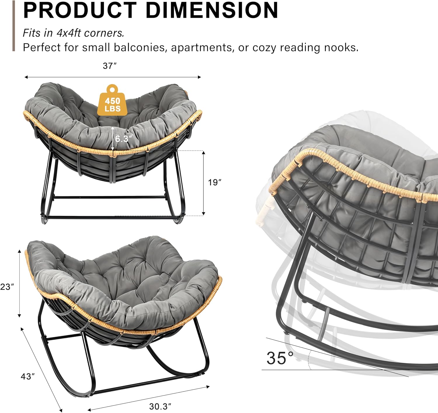 Egg-Shaped Outdoor Rocking Chair, Patio Rocking Chair with Thick Cushion, Modern Indoor Papasan Rocking Chair, Lounge Rocker for Balcony, Living Room, Bedroom, Porch, Lawn, Garden (Dark Grey)