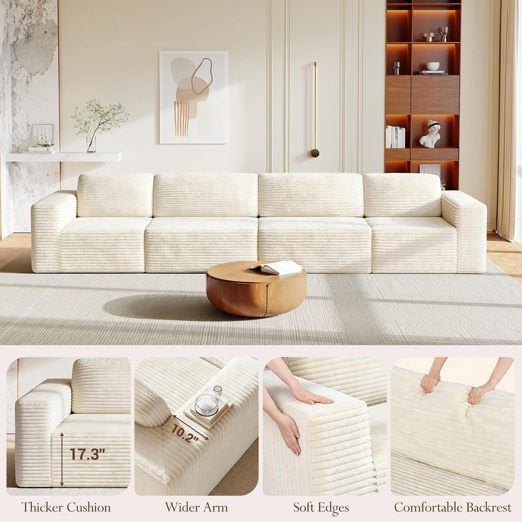 Vesgantti 159' Modular Sectional Sofa, Corduroy Cloud Couch with Extra Deep Seats & Spring Support, Flexible Layout 4-Seater Boneless Couch, No Assembly Required, Beige
