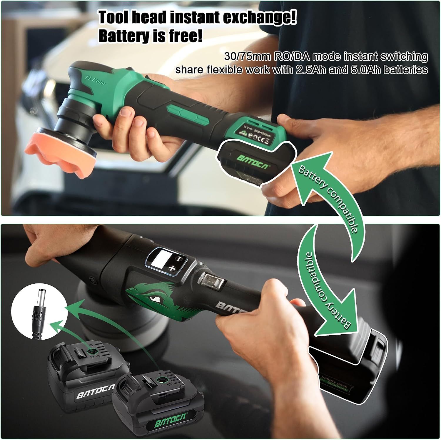BATOCA S4 Cordless Polisher 3'/1' DA/RO Polisher- Brushless Motor & S2 Cordless Car Buffer - LED Display, 5Ah+2.5Ah Interchangeable 2 Batteries for Car Detailing, Headlight Restoration, PRO Combo Kit