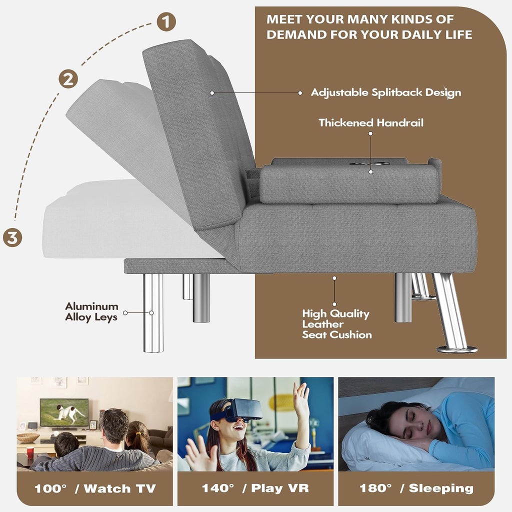 Homall Futon Sofa Bed, Futon Couch with Removable Armrests, Adjustable Recliner Sleeper Sofa Bed with Dual Cup Holders for Living Room, Apartment, Office (Fabric, Light Grey)