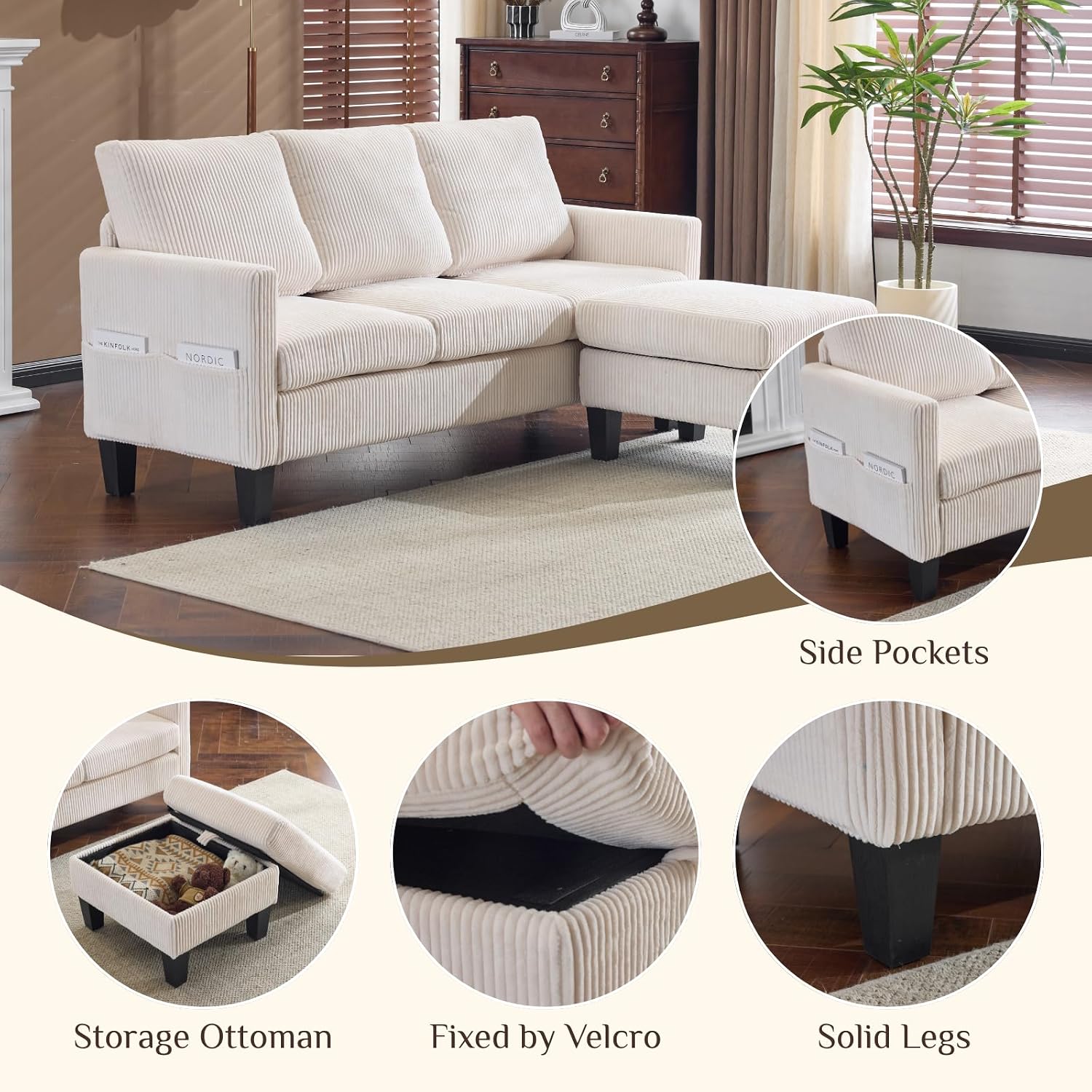 Karl home Small Sectional Couch L Shaped Sofa with Movable Storage Ottoman Corduroy Upholostered Sofa Chaise with Side Pockets for Living Room, Apartment, Studio, Beige