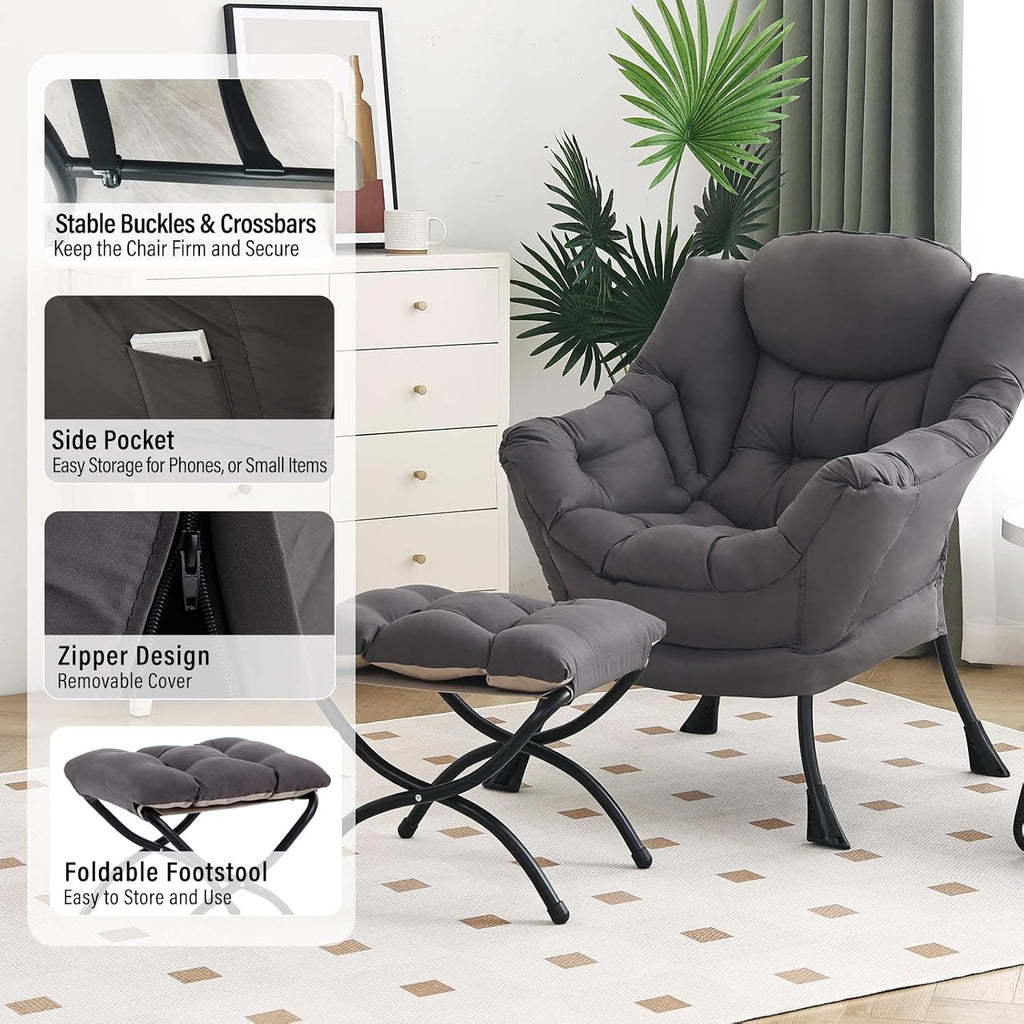 Furlide Lazy Chair with Ottoman, Modern Chair with Folding Footrest, Dark Grey Accent Chair, Comfortable Reading Chair, Oversized Armchairs for Bedroom, Study, Living Room, Courtyard