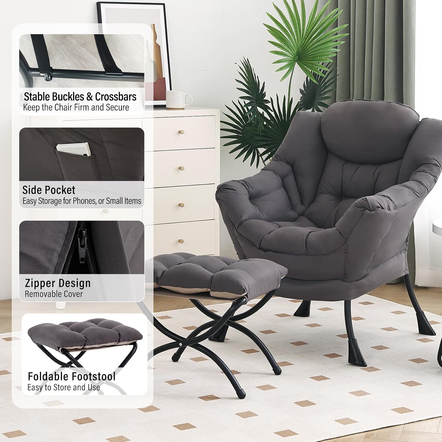 Furlide Lazy Chair with Ottoman, Modern Chair with Folding Footrest, Dark Grey Accent Chair, Comfortable Reading Chair, Oversized Armchairs for Bedroom, Study, Living Room, Courtyard
