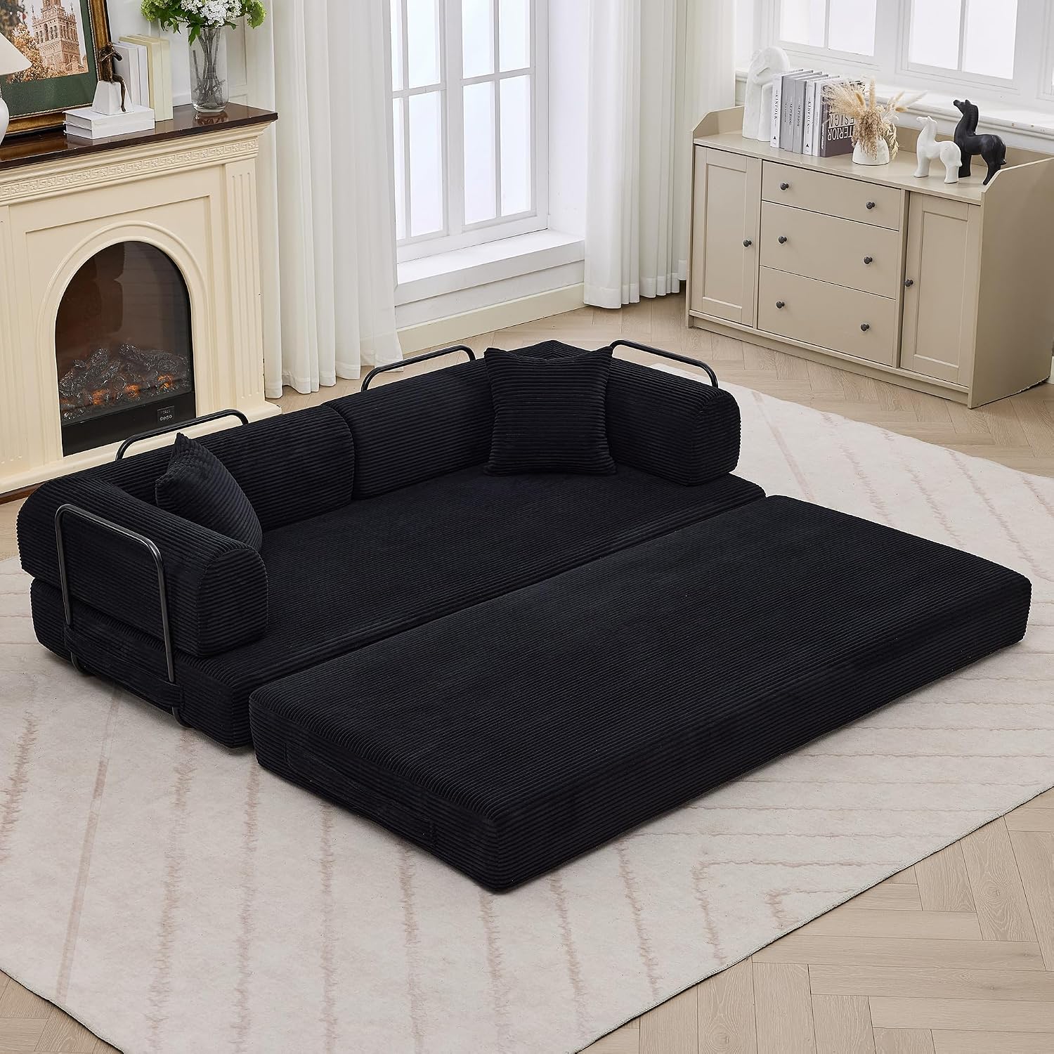 GarveeHome 79' Convertible Sleeper Sofa Bed Couch, 4-in-1 Boneless Corduroy Folding Sofa Bed with Pillow & Fixed-Shape, Floor Mattress Couch Loveseat for Living Room Apartments - No Assembly, Black