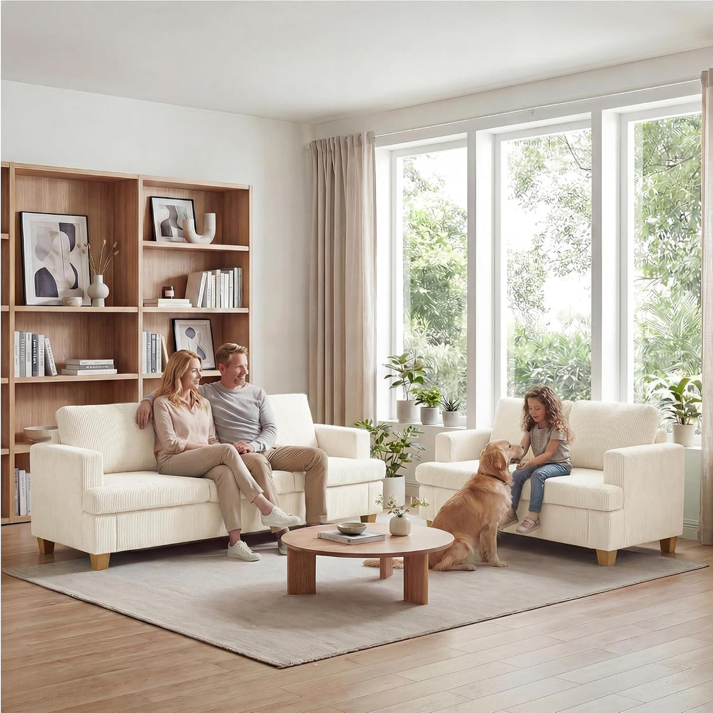 Apicizon Loveseat & 3 Seater Sofa Sets, 89' Couch Sofa Set for Living Room Furniture Sets, 2 Piece Deep Seat Sleeper Sofa, Couch and Loveseat Sets for Apartment, White Corduroy
