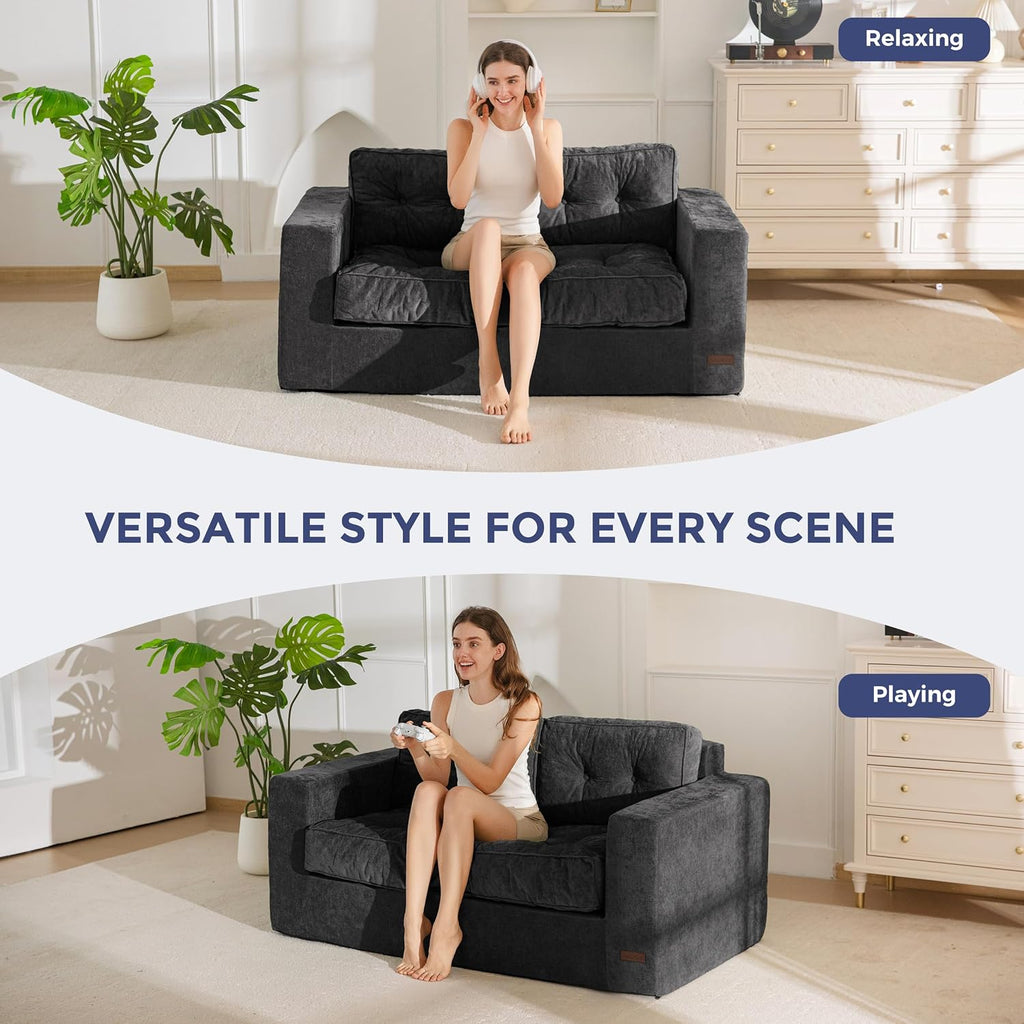 MAXYOYO Boneless Sofa Couch, Loveseat Sofa for Small Space, Tufted 2-Seater Floor Couch Bean Bag Chair for Living Room Bedroom Apartment, Sofa in a Box, No Assembly Needed, Black