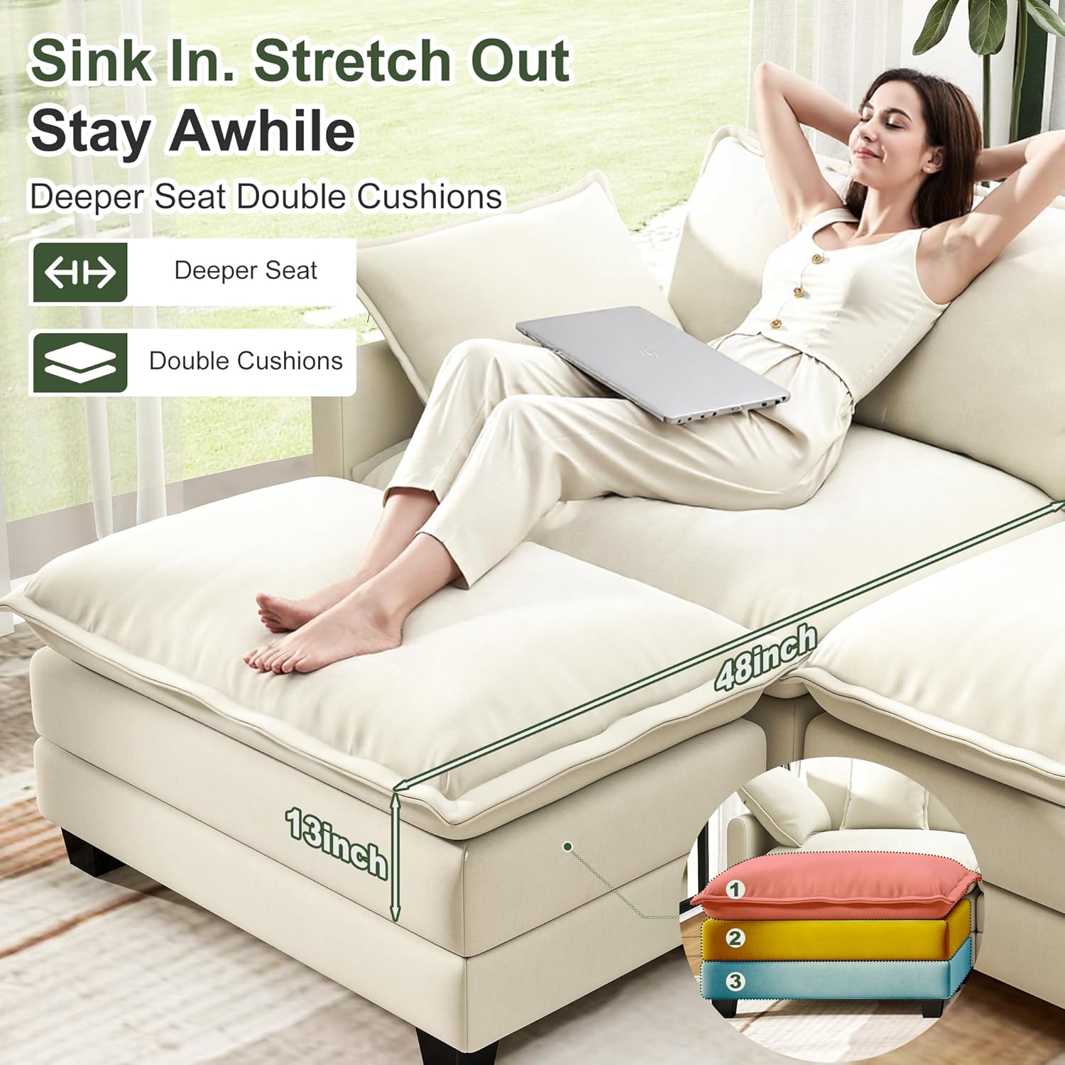 146' Cloud Couch Sectional, U Shaped Modular Sectional Sofa, 4-Seat Deep Seat Couch with 6 Removable Washable Pillows and 2 Ottoman for Living Room, Bedroom, Apartment, Beige