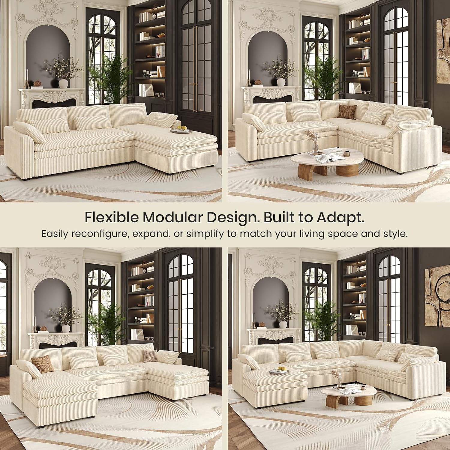 Belffin Large Modular Sectional Sofa with Double Deep Chaise and Loveseat, Corduroy U Shape Couch with 9' Soft Dual-Layer 9 Seats Cushion for Living Room, Apartment, Beige