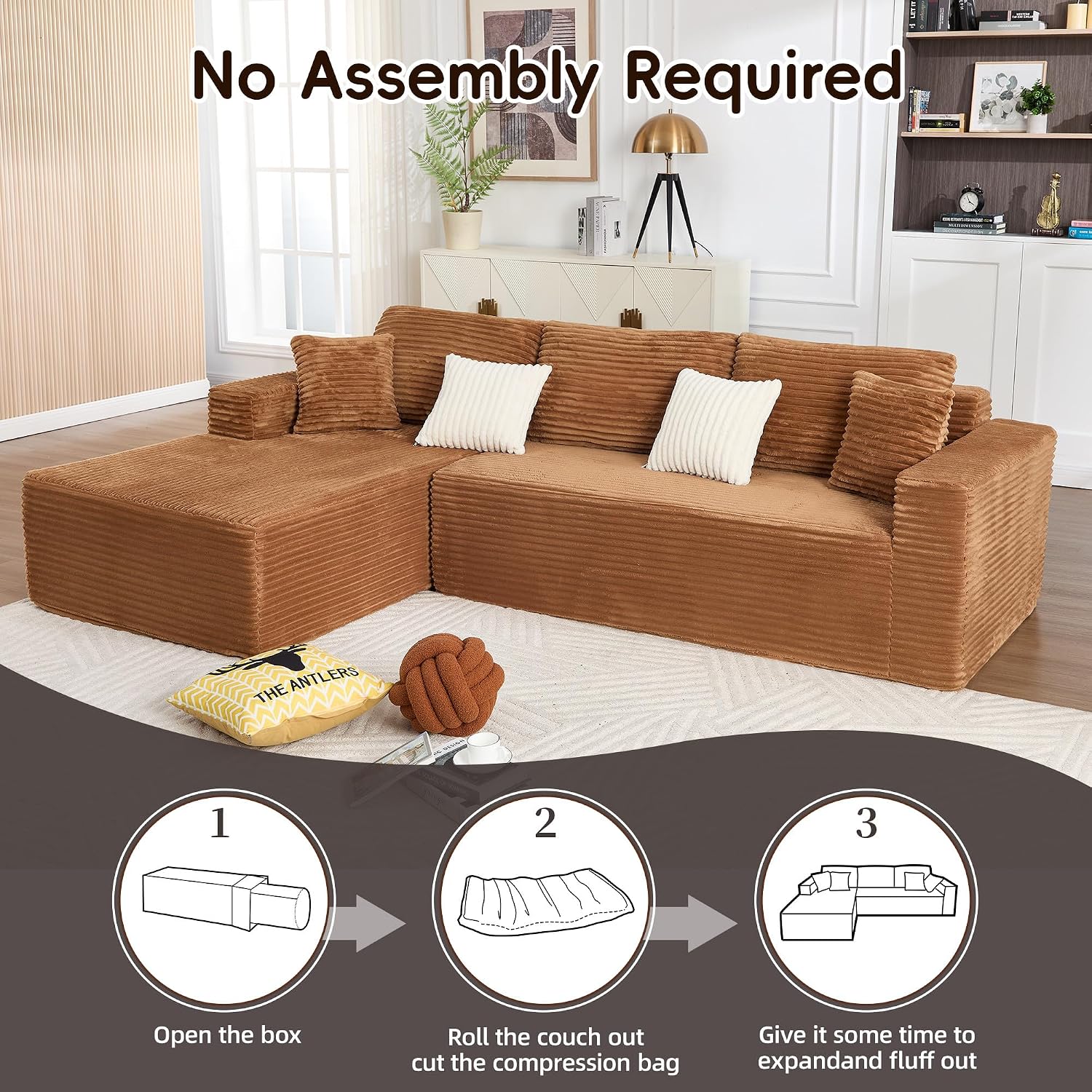 Opiesit 108' Boneless Couches for Living Room, Modular Sectional Sofa with Oversized Chaise, L-Shape Cloud Couch with Deep Seat, High-Density Memory Foam, No Assembly Required, Plush Corduroy Brown
