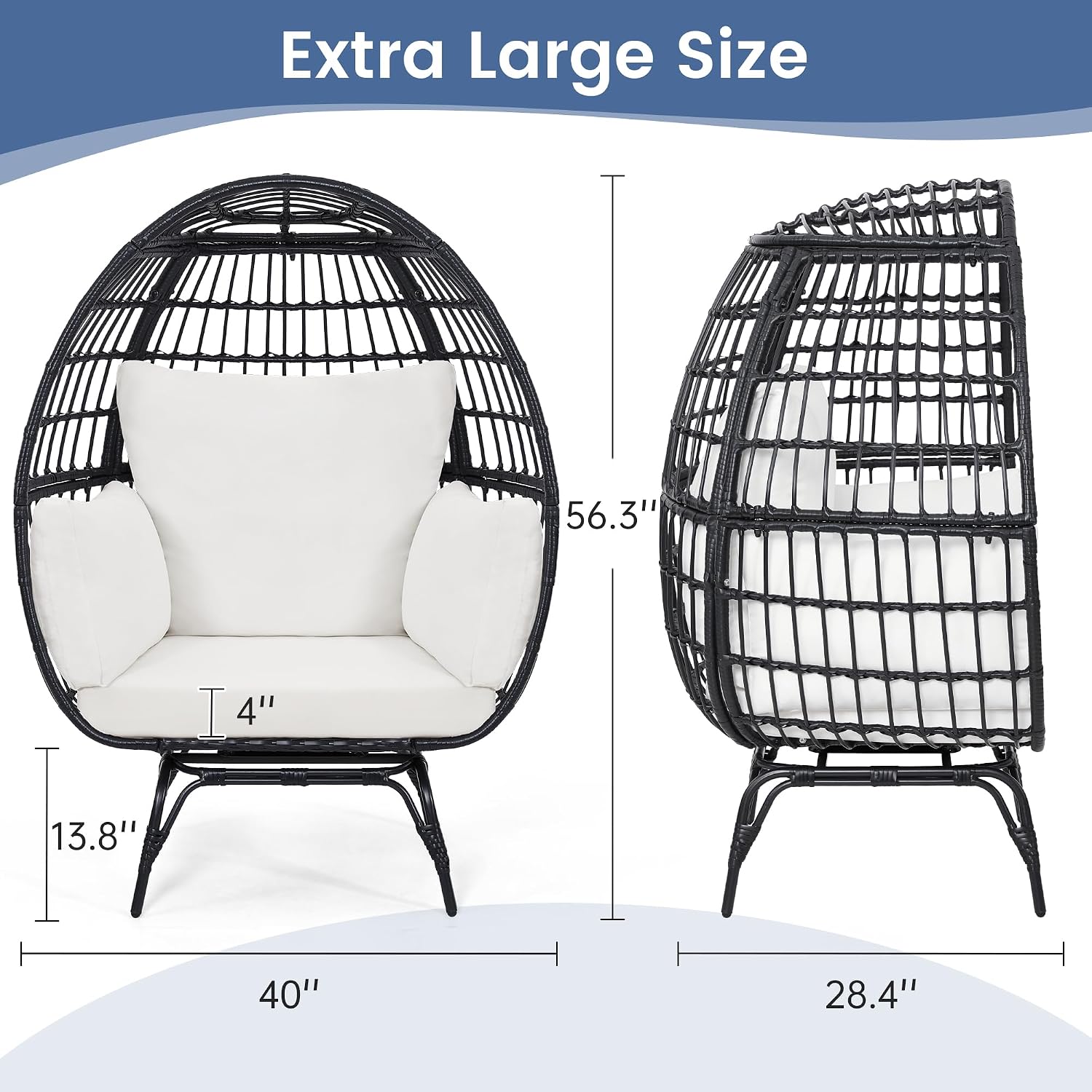 Murago Oversized 360° Swivel Rattan Egg Chair for Adult, Indoor Outdoor Patio Large Wicker Egg Chair with Overstuffed Cushions, 440lb Weight Capacity, Black Rattan with Beige Cushion