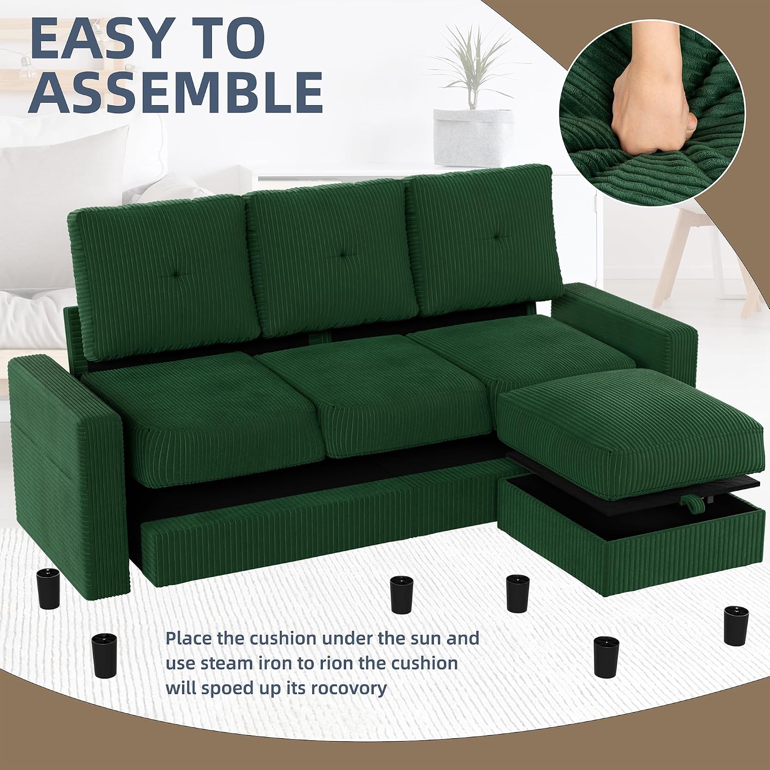Convertible Sectional Sofa with Storage Ottoman, 77' L-Shaped 3-Seat Couch with Skin-Friendly Corduroy Fabric, Reversible Small Sectional for Small Space, Apartment, Living Room and Office(Green)