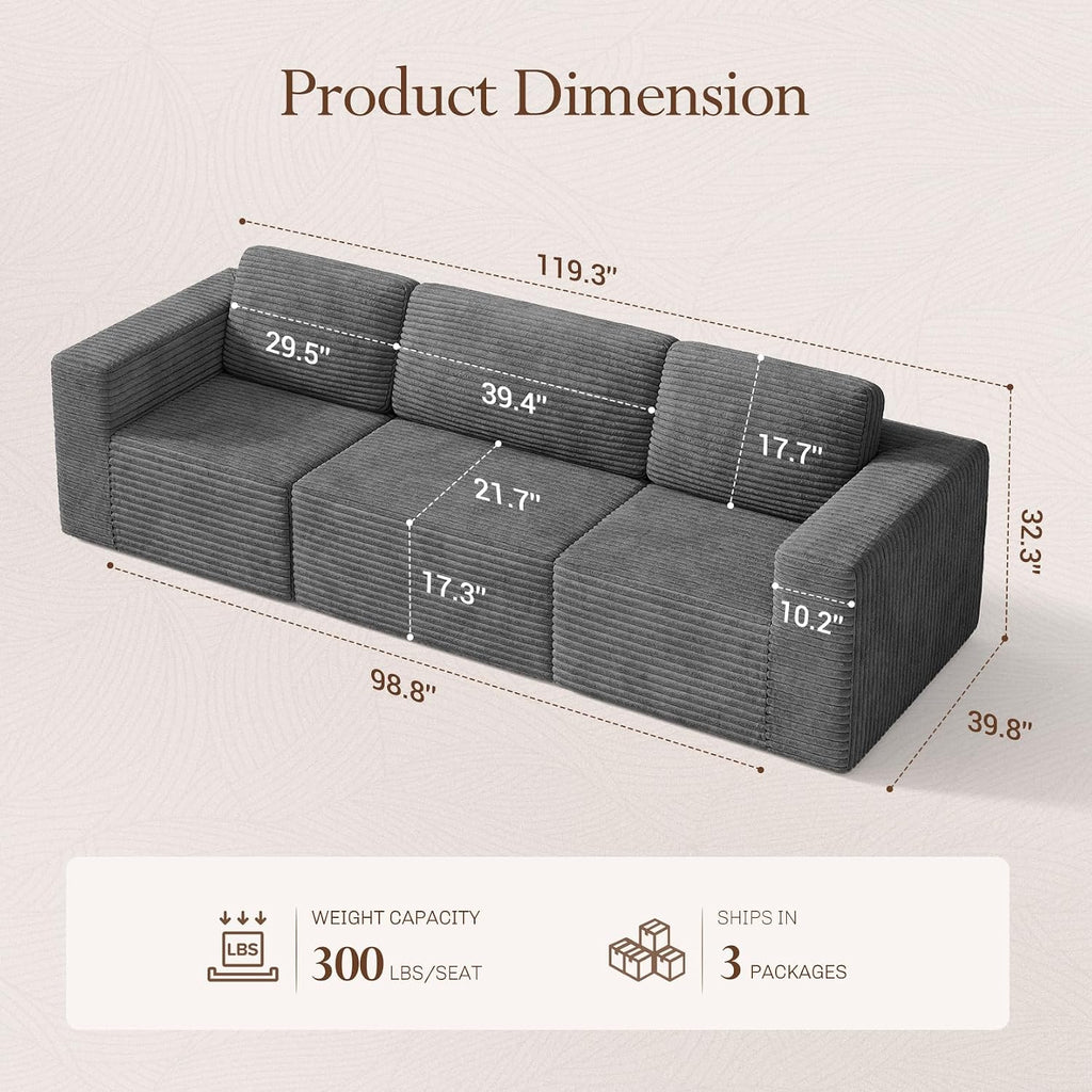 Vesgantti 119' Modular Sectional Sofa, Corduroy Cloud Couch with Deep Seating & Spring Support, 3 Seater Flexible Layout Sofa, Boneless Couch for Living Room & Apartment, No Assembly Required, Grey