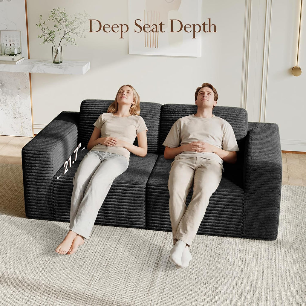 Vesgantti 80' Modular Sectional Sofa, Corduroy Cloud Couch with Deep Seating & Spring Support, 2 Seater Compact Modular Couch, Boneless Sectional Sofa for Small Spaces, No Assembly Required, Black
