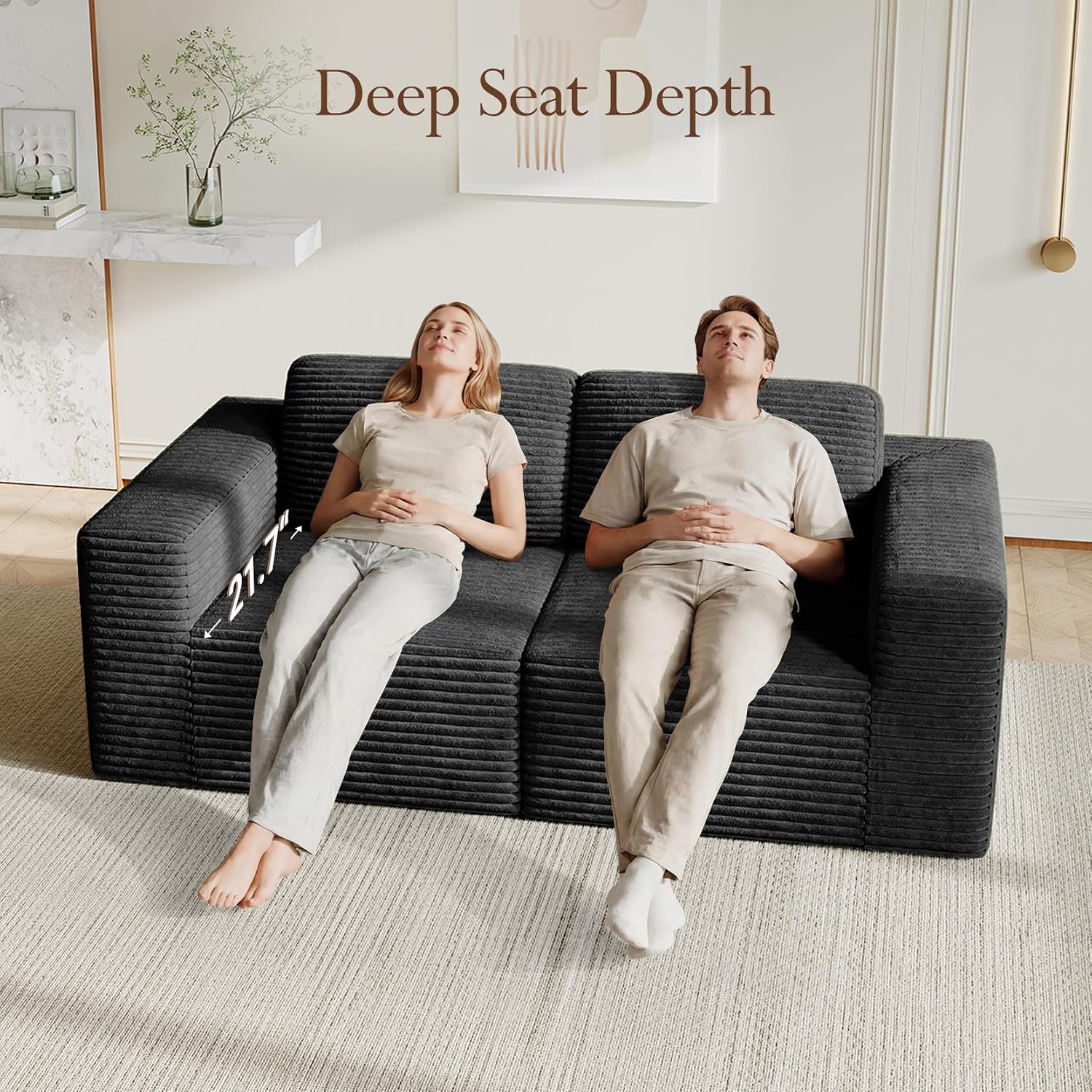 Vesgantti 80' Modular Sectional Sofa, Corduroy Cloud Couch with Deep Seating & Spring Support, 2 Seater Compact Modular Couch, Boneless Sectional Sofa for Small Spaces, No Assembly Required, Black