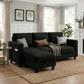 Convertible Sectional Sofa with Storage Ottoman, 77' L-Shaped 3-Seat Couch with Skin-Friendly Corduroy Fabric, Reversible Small Sectional for Small Space, Apartment, Living Room and Office(Black)