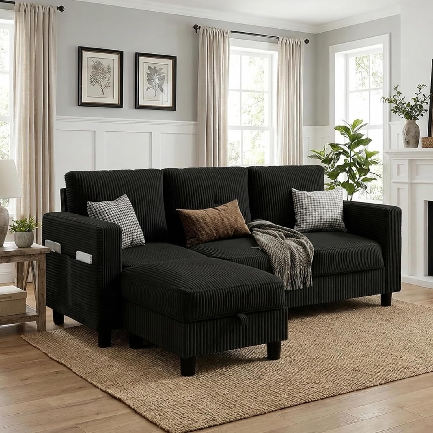 Convertible Sectional Sofa with Storage Ottoman, 77' L-Shaped 3-Seat Couch with Skin-Friendly Corduroy Fabric, Reversible Small Sectional for Small Space, Apartment, Living Room and Office(Black)