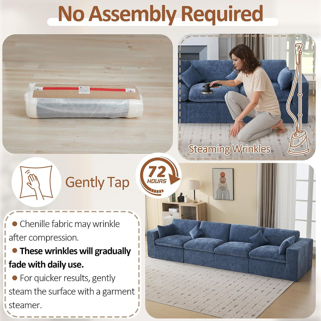 146''Cloud Boneless Sectional Couch, Modular Sectional Sofa Deep Seat, Oversized Upholstered Convertible Comfy 4 Seater Chenille Memory Foam Sofa Couches for Living Room, Blue