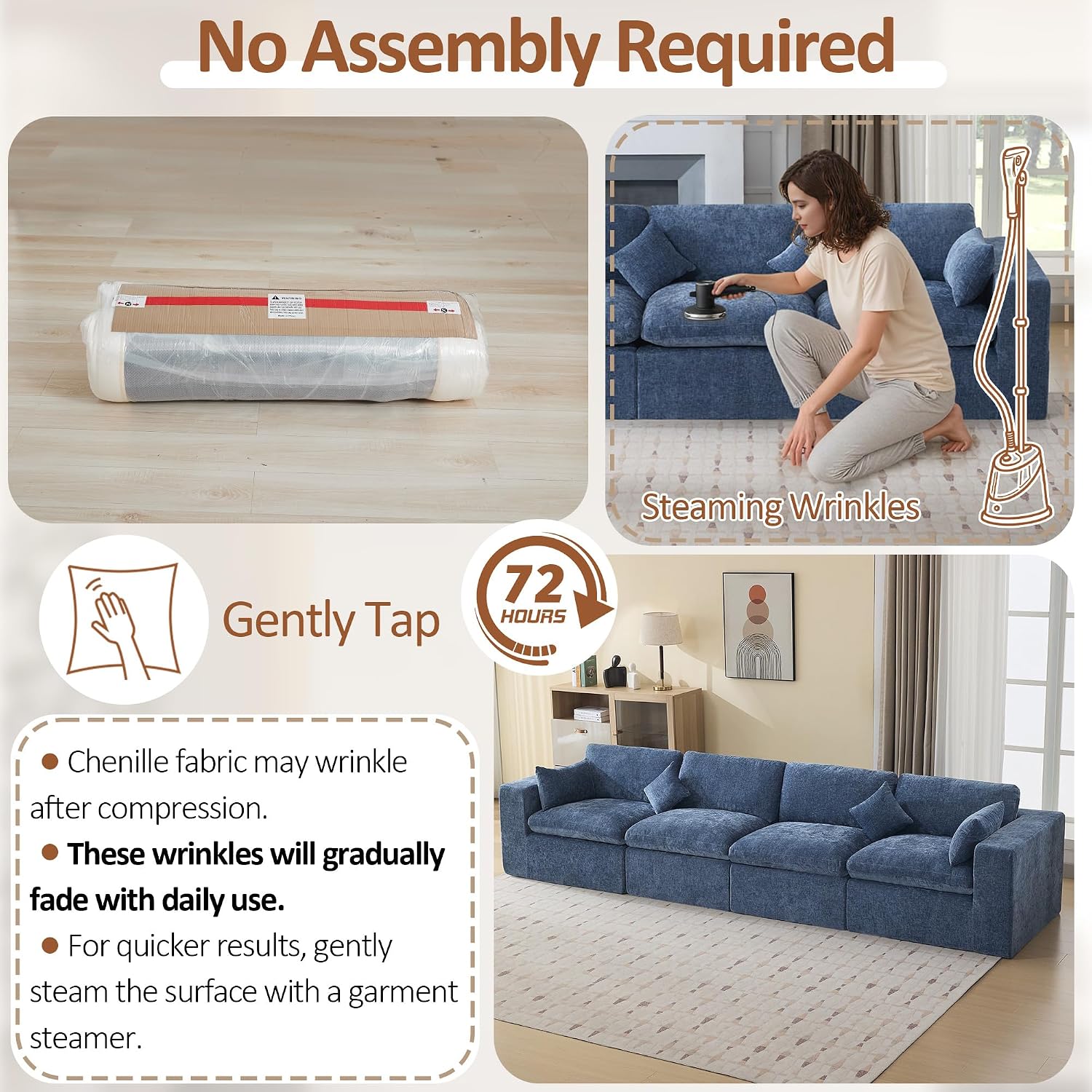146''Cloud Boneless Sectional Couch, Modular Sectional Sofa Deep Seat, Oversized Upholstered Convertible Comfy 4 Seater Chenille Memory Foam Sofa Couches for Living Room, Blue