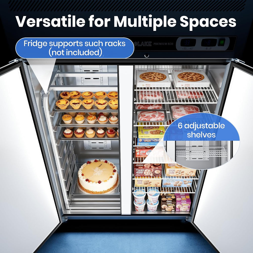 Coolake Commercial Upright Freezer Refrigerator Combo, 48' W Dual Temp Zones, 36 Cu.ft Stainless Steel, 2 Door Reach in Freezer for Restaurant Bar Shop Kitchen Garage School Church