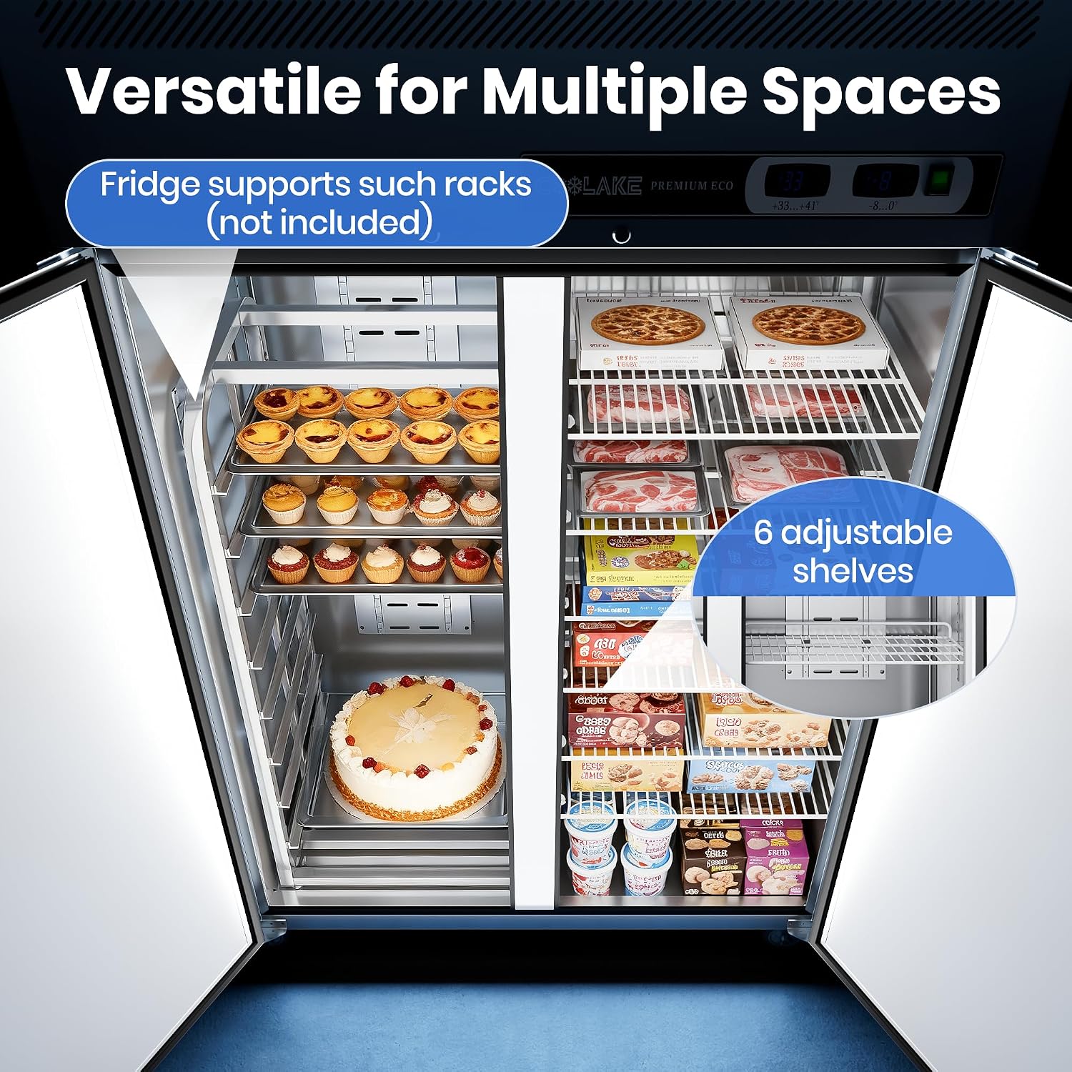Coolake Commercial Upright Freezer Refrigerator Combo, 48' W Dual Temp Zones, 36 Cu.ft Stainless Steel, 2 Door Reach in Freezer for Restaurant Bar Shop Kitchen Garage School Church