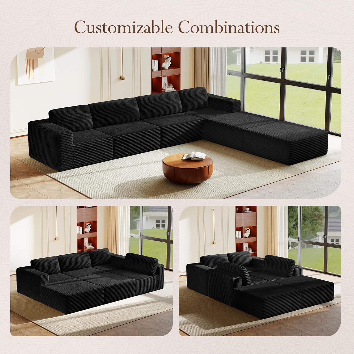 Vesgantti 159' Large Modular Sectional Sofa, U-Shaped Corduroy Cloud Couch with Deep Seats & Spring Support, 4-Seater Boneless Sofa with 2 Movable Ottomans, No Assembly Needed, Black