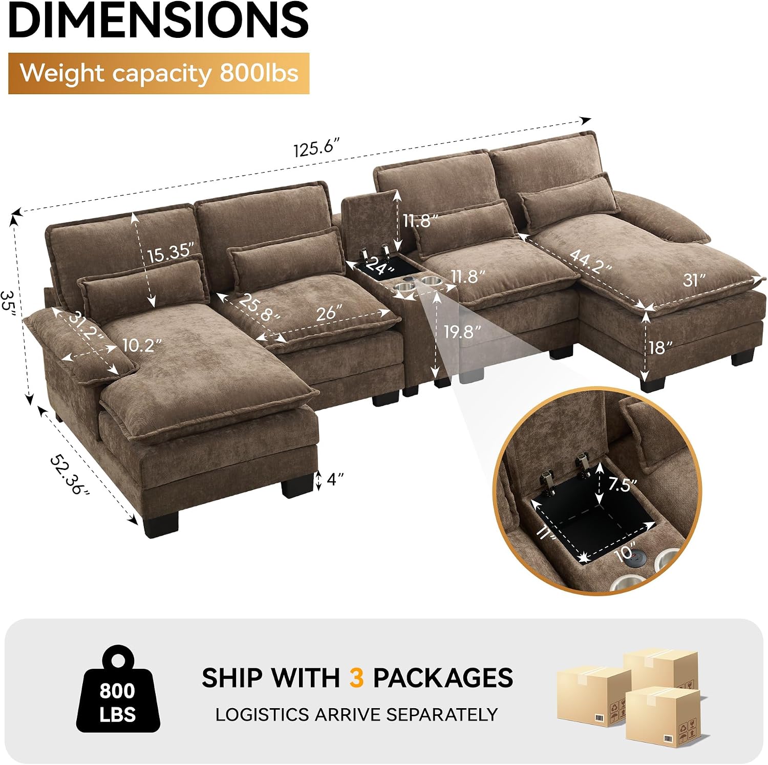 125'' U Shaped Cloud Modular Sofa with Chaise Lounges, Chenille Upholstered Comfy Sectional Couch with Storage Console, USB Charging Ports & Cup Holders, Small Deep Seat Sofa for Living Room, Brown