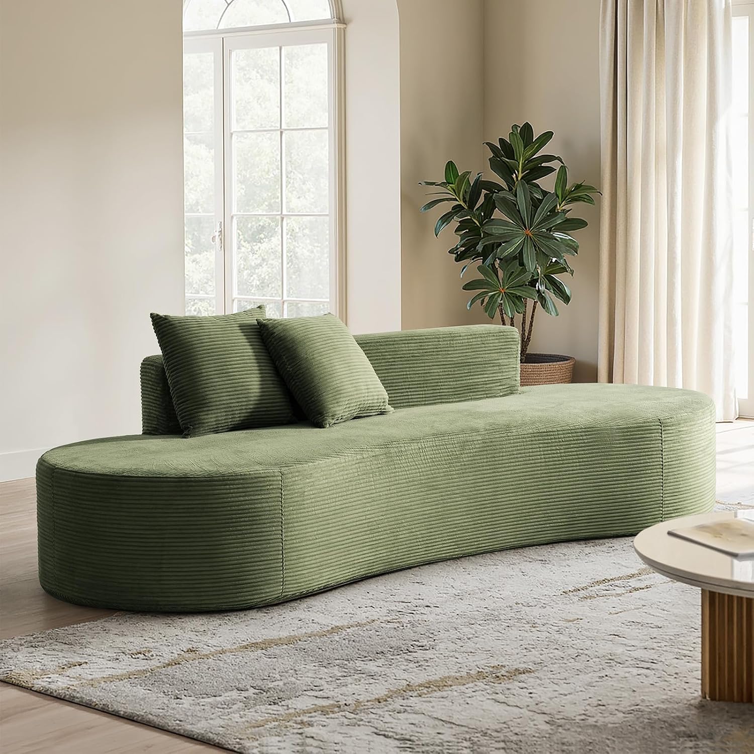 HULALA HOME 94.5' Curved Boneless Couch with Two Pillows, Oversized 3 Seater Compressed Foam Sofa with Deep Seat, Modern Cloud Couch for Living Room, No Assembly Required, Green
