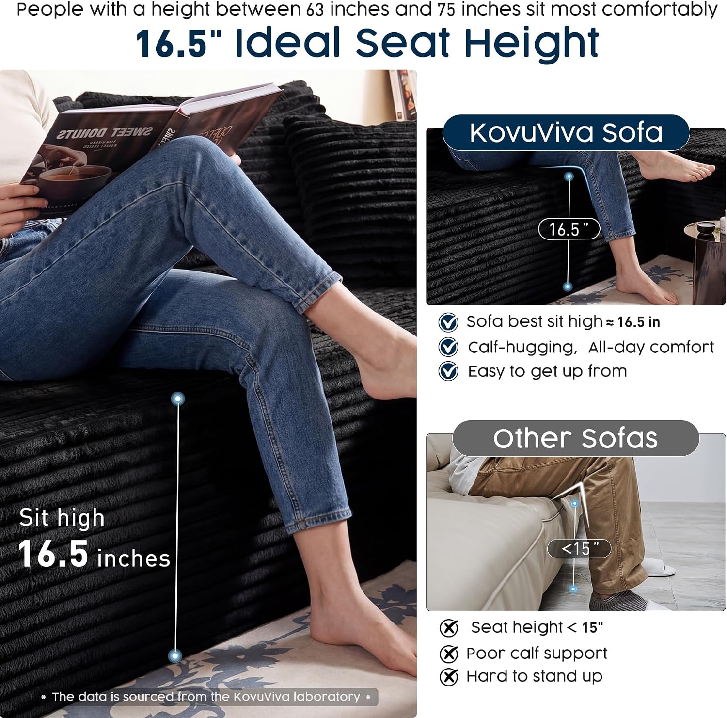 Black Sectional Couch for Living Room - 108' Modular Cloud Sofa with Chaise, Ultra Soft Corduroy L-Shaped Large Couches, Boneless Deep Seat Sectional Couch, No Assembly Required (Left Facing Chaise)