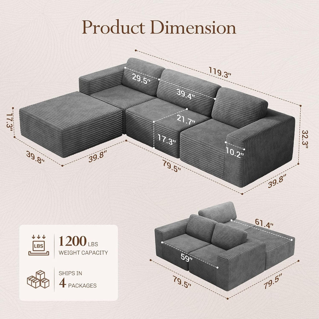 Vesgantti 119' L-Shaped Modular Sectional Sofa, Corduroy Cloud Couch with Deep Seating & Spring Support, Flexible Layout Sofa with Ottoman, Boneless Style, No Assembly Required, Grey