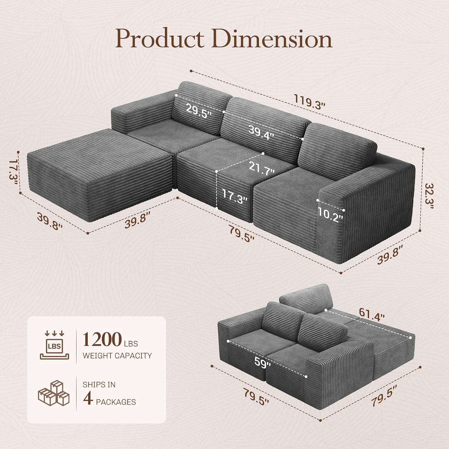 Vesgantti 119' L-Shaped Modular Sectional Sofa, Corduroy Cloud Couch with Deep Seating & Spring Support, Flexible Layout Sofa with Ottoman, Boneless Style, No Assembly Required, Grey