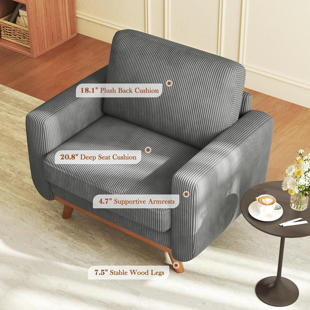 Vesgantti 38.5' Accent Chair Dark Gray, Comfy Corduroy Single Sofa Seat with Spring Cushion, Upholstered Armchair with Deep Seat, Reading Chair for Adults, Modern Sofa for Living Room, Bedroom