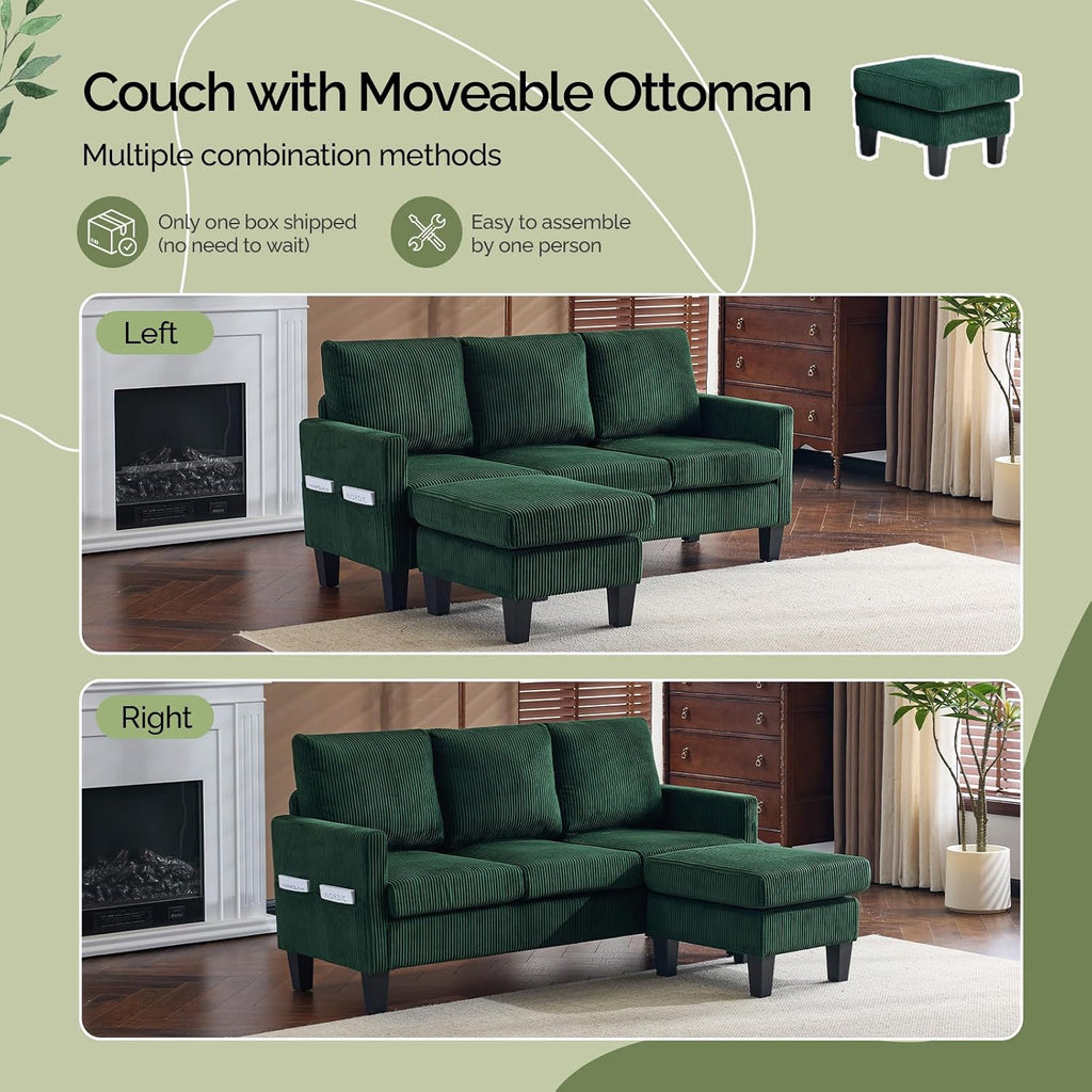 VINGLI 68.5' L Shaped Couch with Movable Storage Ottoman, Convertible Sectional Sofa in Soft Corduroy Fabric, Modern Reversible Chaise Couch for Small Spaces, Apartment, Living Room，Dark Green
