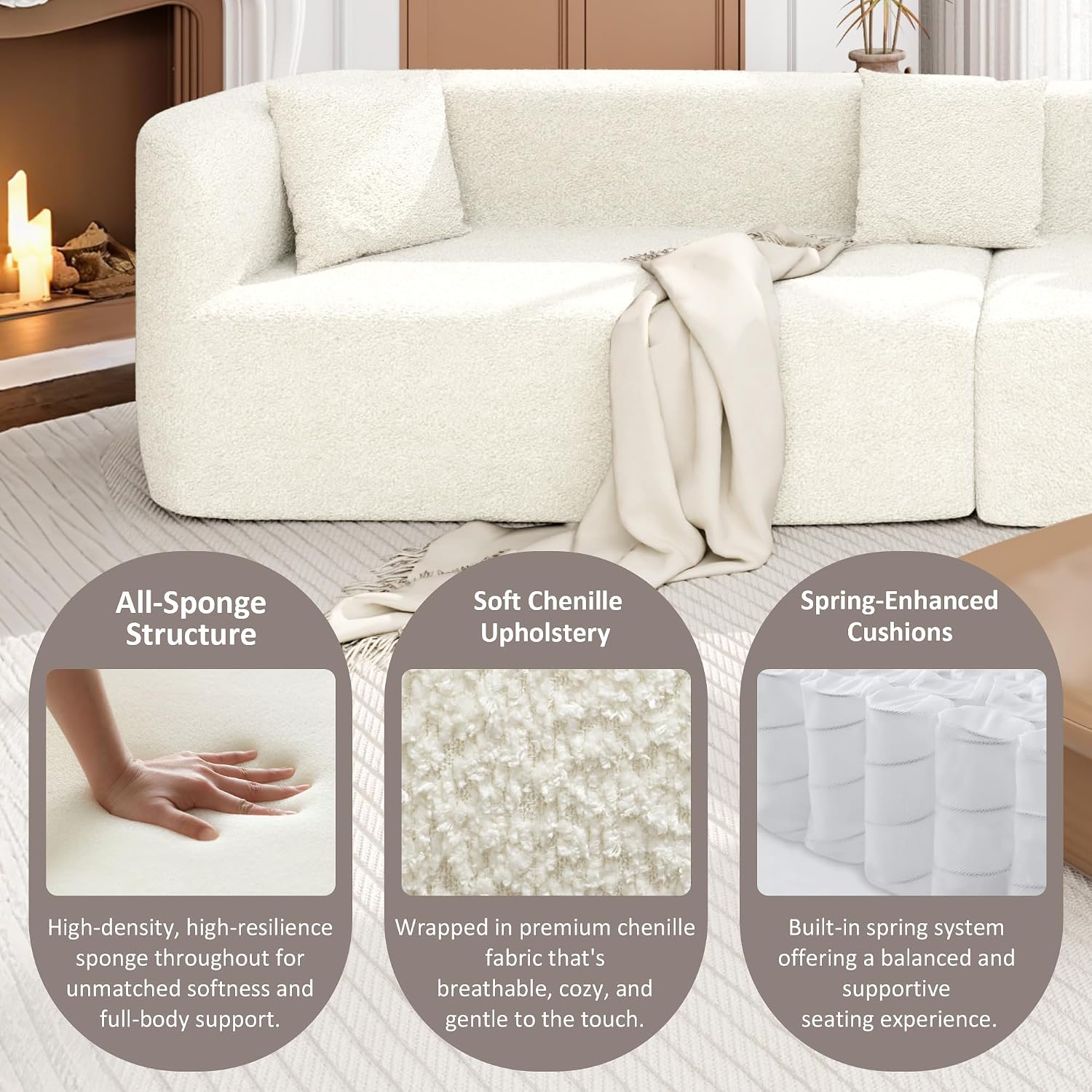 Merax Modern Minimalist Large 2-Piece Sectional Curved Chenille Sofa with 3 Pillows and High-Density Foam for Luxurious Comfort and Seamless, for Living Room, Bedroom, White