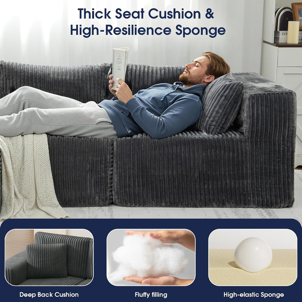 KINGYES 107'' Modular Sectional Sofa, L Shaped Cloud Couch for Living Room, Modern Plush Corduroy Boneless Sofa with Chaise for Bedroom, Gray