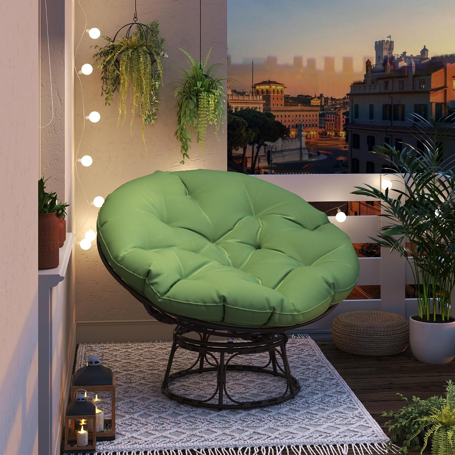 46'' Large Size Papasan Chair (Non-Swivel) with Cushion and Frame, Lazy Chair for Living Room and Bedroom, Green