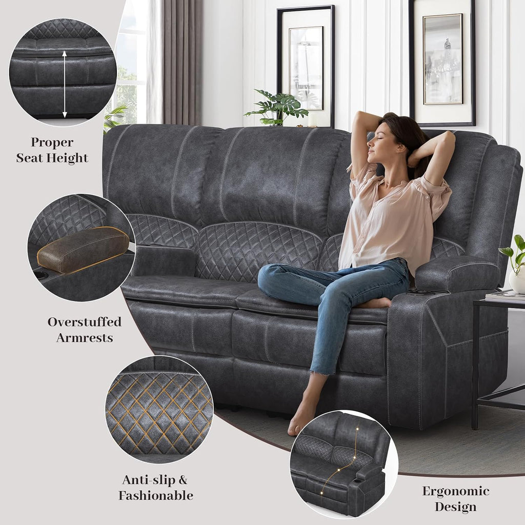 Yolsali 3-Seater Recliner Sofa, Manual Reclining Couch with Multi-Functional Middle Seat, Reclining Sofa for Living Room with Hidden Storage Space, Cup Holders, and Removable Console - Velvet Grey