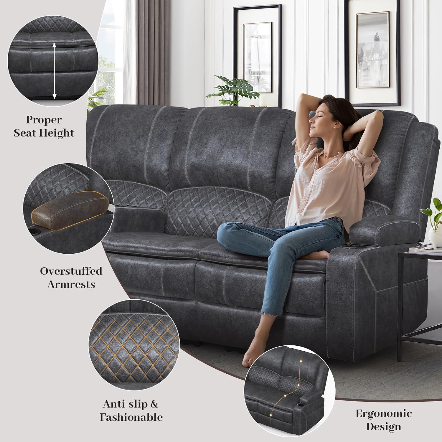 Yolsali 3-Seater Recliner Sofa, Manual Reclining Couch with Multi-Functional Middle Seat, Reclining Sofa for Living Room with Hidden Storage Space, Cup Holders, and Removable Console - Velvet Grey