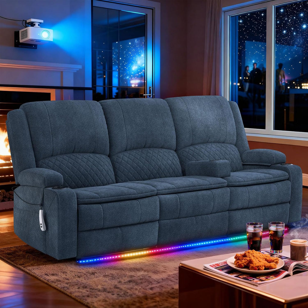 Power Loveseat Recliner Sofa, Removable Armrest 3 Seats Power Reclining Loveseat with Remote Liftable Console, Wall Hugger RV Theater Seating with Storage & USB & RGB (Fabric, Blue)