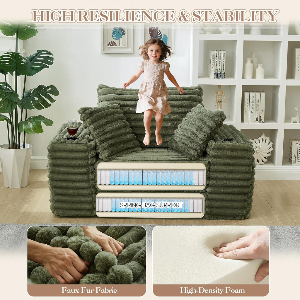 5-In-1 Oversized Chaise Lounge Chair Indoor with Ottoman,54.5'W Faux Fur Convertible Folding Sleeper Sofa Bed with Cup Holder&Side Pocket,Comfy Boneless Couch Sofa Chair for Living Room,Bedroom(Green)